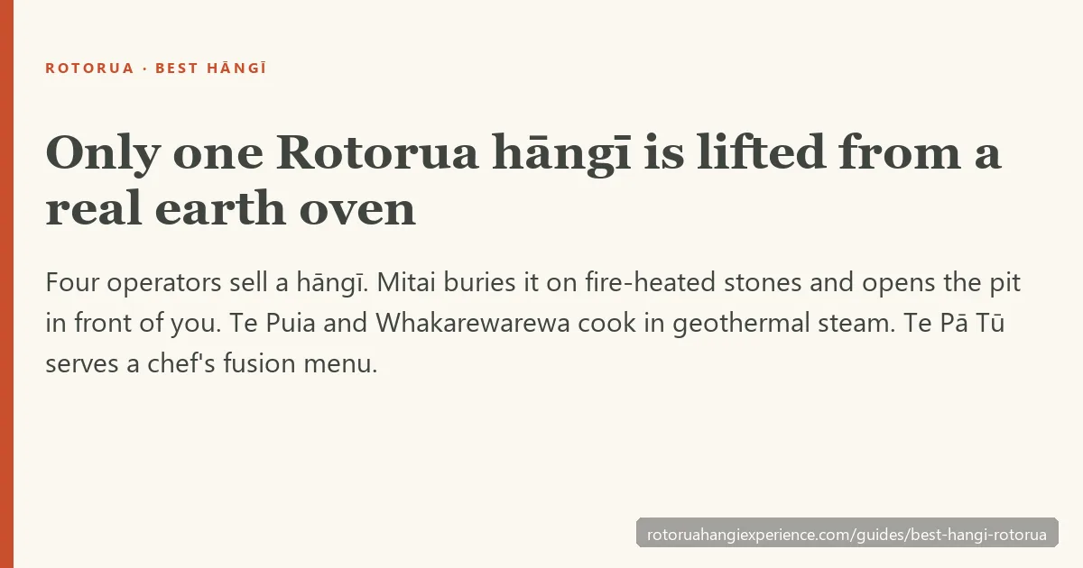 Only one Rotorua hāngī is lifted from a real earth oven — Mitai buries it, Te Puia and Whakarewarewa cook in geothermal steam, Te Pā Tū serves a fusion menu