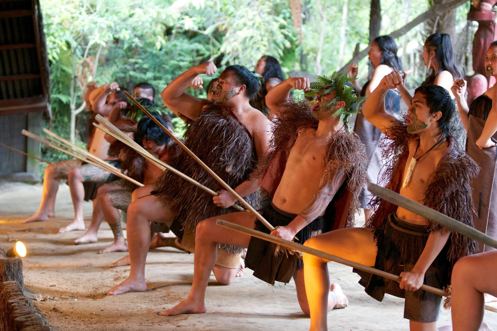 Warriors in piupiu performing a haka with taiaha on the village path