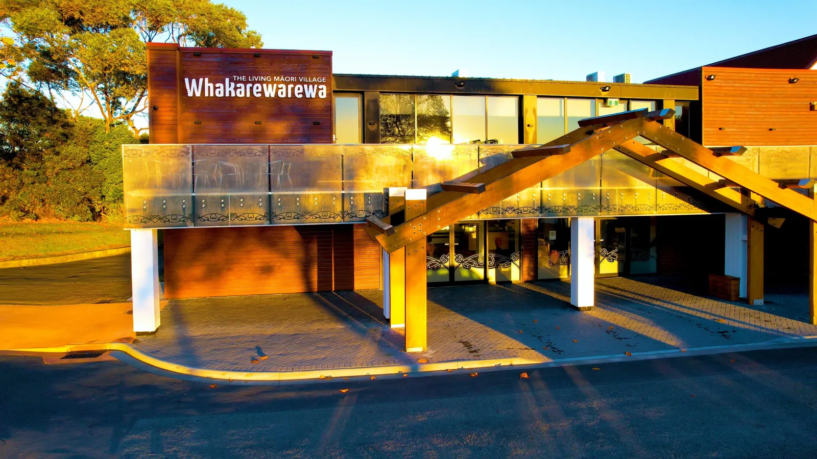 The Whakarewarewa living village entrance building in evening light