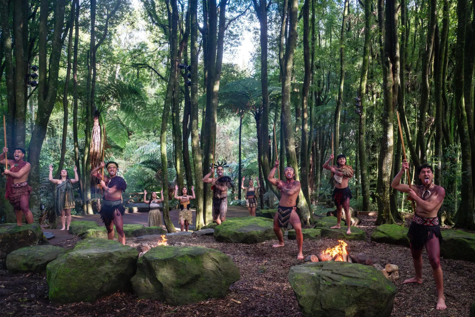 Performers around a fire among towering tawa trees in the forest amphitheatre