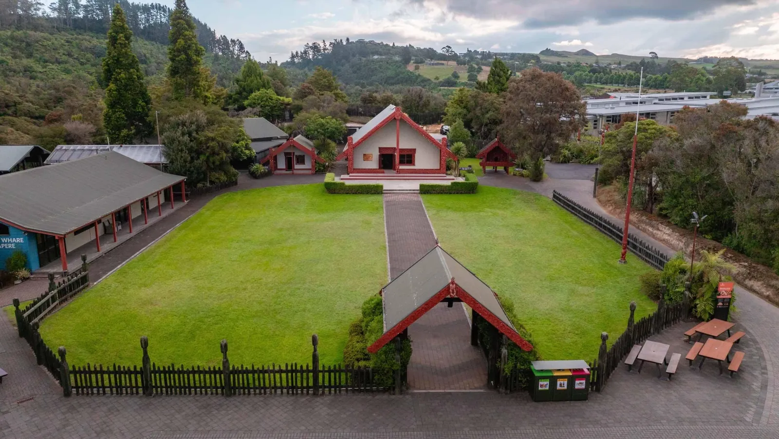 Aerial view of Te Puia's marae ātea and carved wharenui