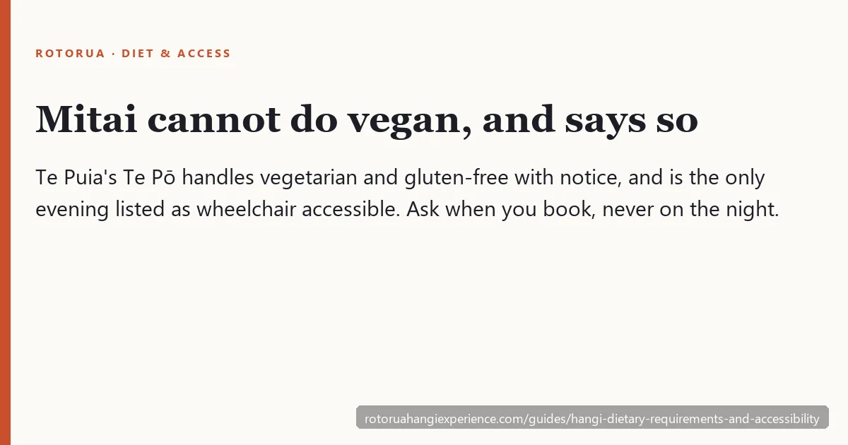 Mitai cannot provide vegan meals; Te Puia’s Te Pō handles vegetarian and gluten-free with notice and is the only wheelchair-accessible evening