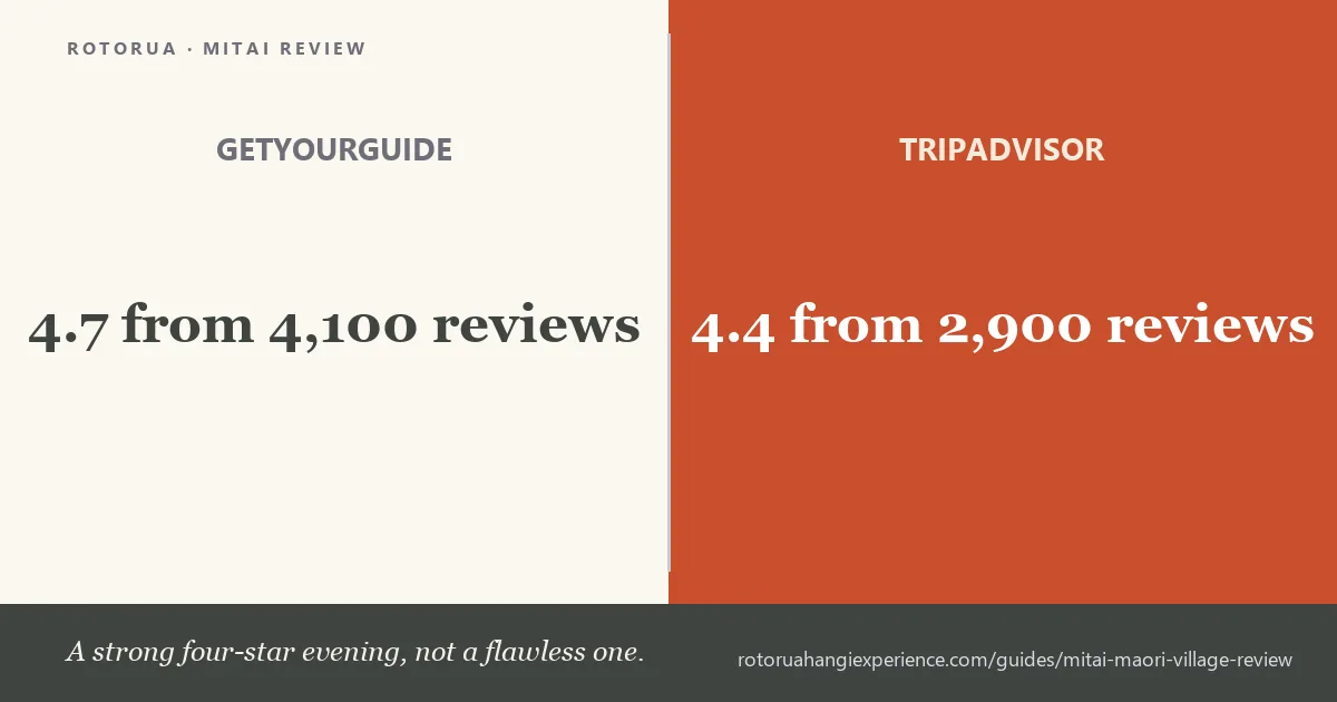Mitai Māori Village scores 4.7 from 4,100 reviews on GetYourGuide but 4.4 from 2,900 on Tripadvisor — a strong four-star evening, not a flawless one